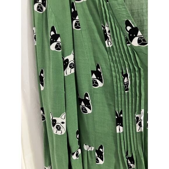maeve anthropologie Green French Bulldog Pleated Button Up Shirt Sz 6 - Picture 4 of 8